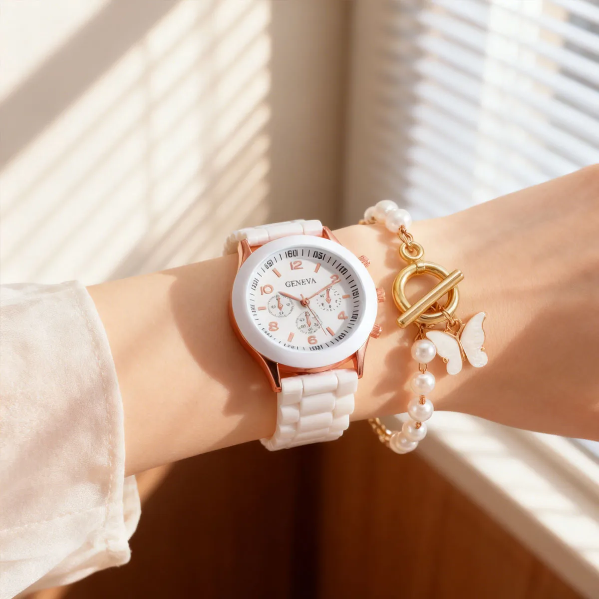 

2pcs-Women's Casual Quartz Watch Heart-shaped Pearl Jewelry Set Christmas Birthday Gift (no Box)