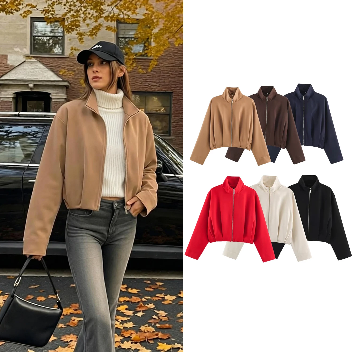 Women Khaki Oversized Bomber Jackets Spring Autumn Female Stand Zip Up Coat Hem With Folds Outwear Lady Casual Short Pilot Jacke