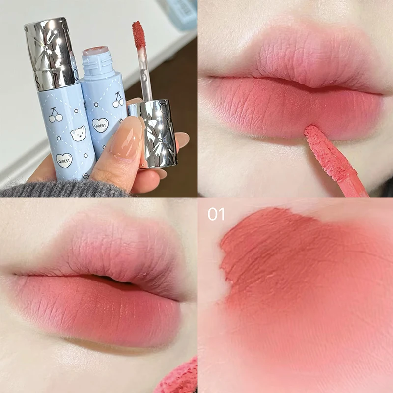 QIBEST Samt Matte Tinte Flüssiger Lippenstift Langlebig Sexy Roter Lipgloss Antihaft-Cup Wasserdichte Lippentönung Kosmetik Für Frauen