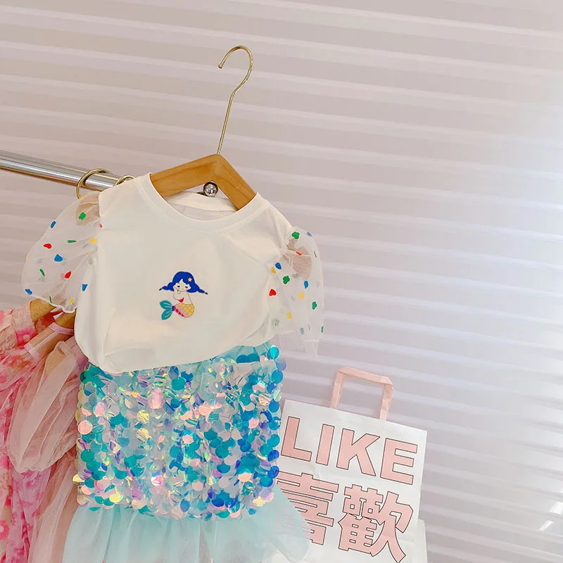 Girls Clothing Set Summer New Arrival Cute Cartoon Top & Sequin Mermaid Tail Skirt 2 Piece Set Kids Sweet Daily Outfit