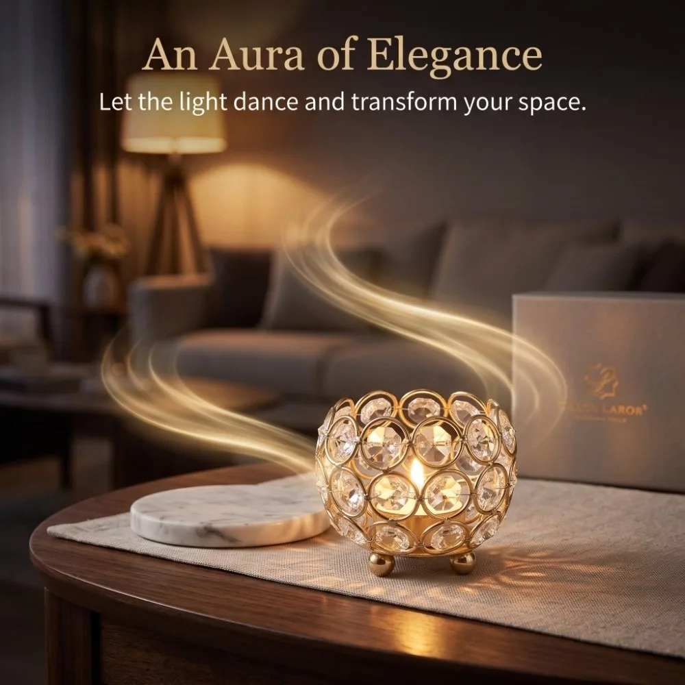 Gold Crystal Candle Holders Metal Base Reflective Base Tea Light Candle Holders 8cm Diameter Round Votive Candle Holders