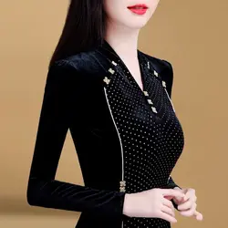 Women's Autumn Winter 2024 New Splicing V-neck Embroidered Flares Fashion Solid Color Slimming Minimalist Casual Long Sleeve Top