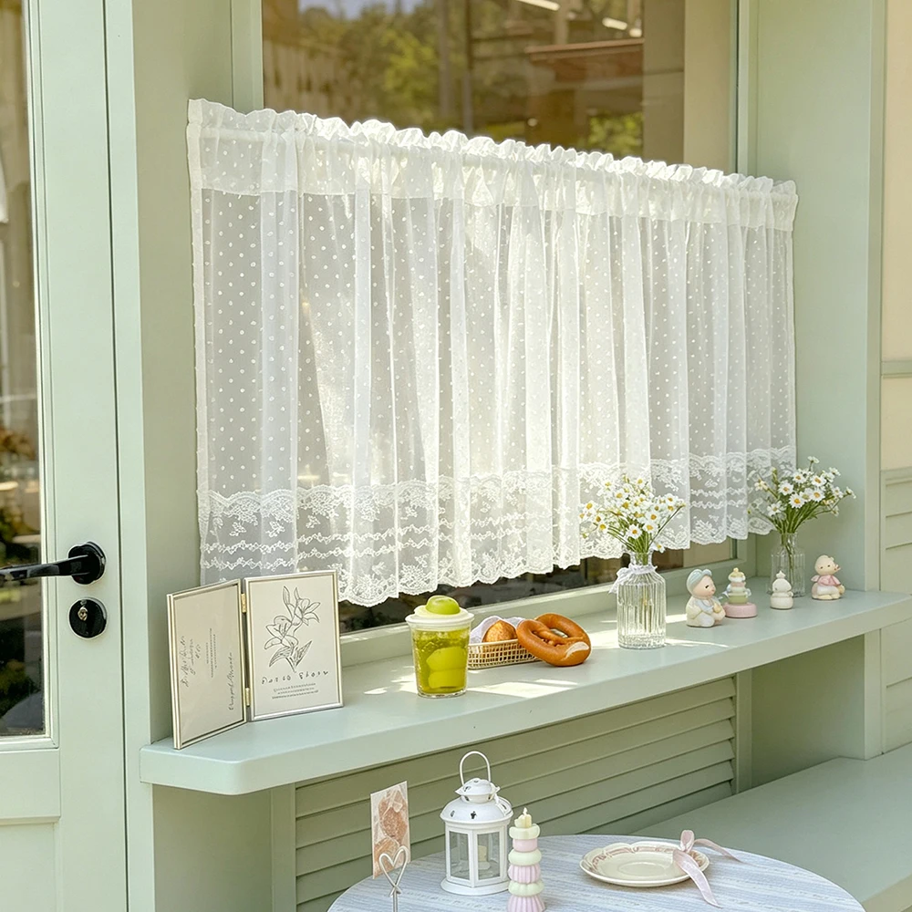 White Polka Dot Tulle Stitched Lace Short Curtains For Small Window,Korean Style Valance Sheer for Kitchen Door Farmhouse Decor