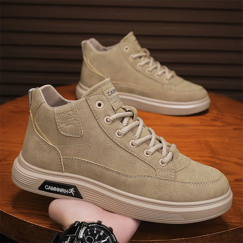 

Solid Colour Men's Casual Shoes 2025 Autumn New High Top Leather Sneakers Male Fashion Anti Slip Work Wear Ankle Boots Footwear