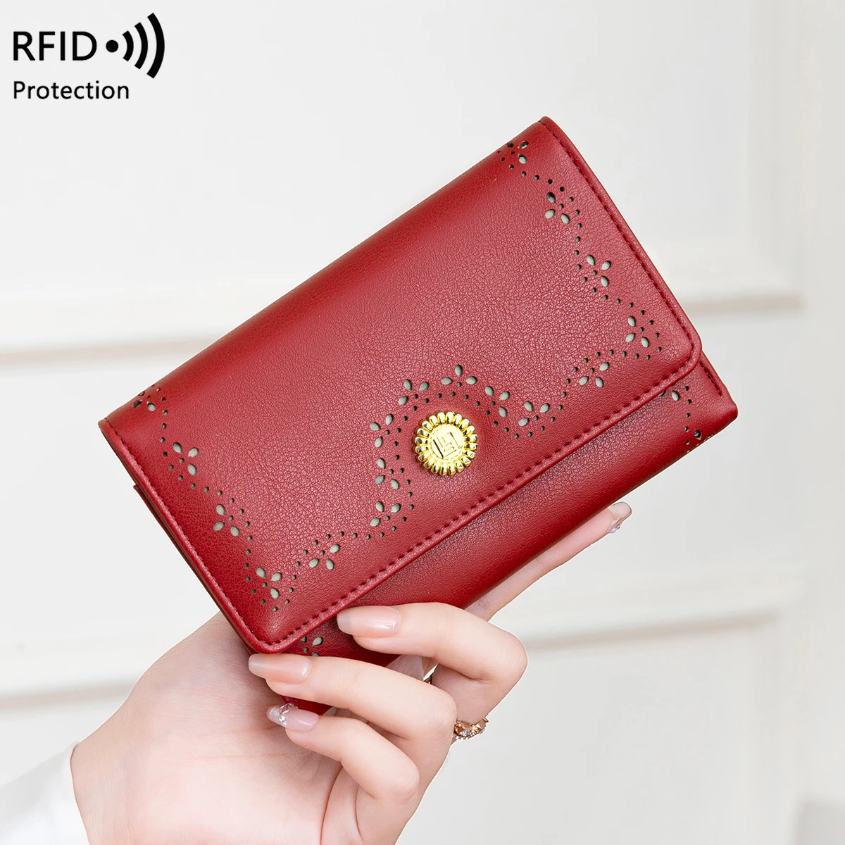 

RFID Anti-Theft Brush Women's Purse, Vintage Hollow 3-Fold Zipper Wallet, Multi-functional Fashion Wallet, New