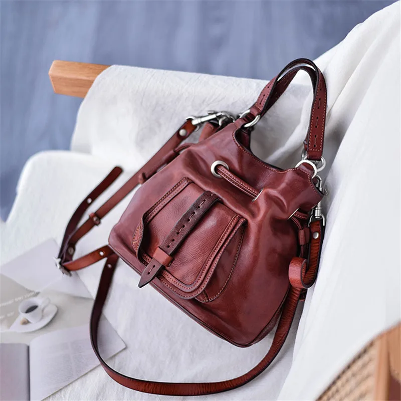 

Vintage designer handmade genuine leather women's bucket handbag weekend party luxury real cow leather ladies crossbody bag