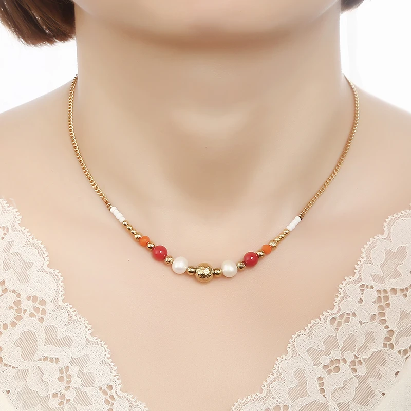 

Quality Exquisite Jewelry Girl Party Wear Waterproof Durable Stainless Steel Charm Stone Freshwater Pearl Mixed Color Necklaces