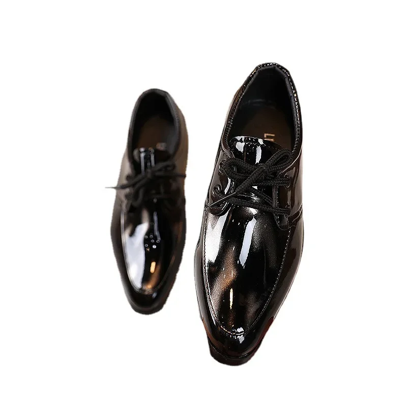 Children Patent Leather Shoes Fashion Pointed Toe Lace Up Boy Shoes Black Casual Dress Flats Comfortable Soft Sole Kids Shoes