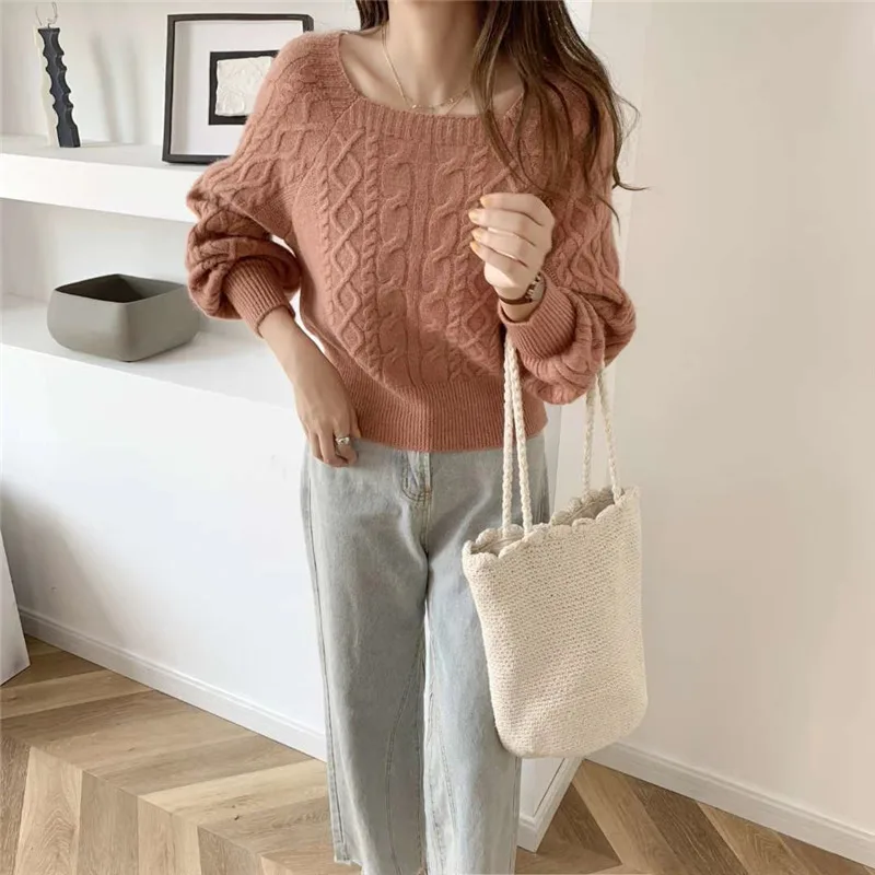 Autumn Winter Women\'s Pullover Square Collar Solid Screw Thread Lantern Long Sleeve Sweater Knitted Underlay Fashion Casual Tops