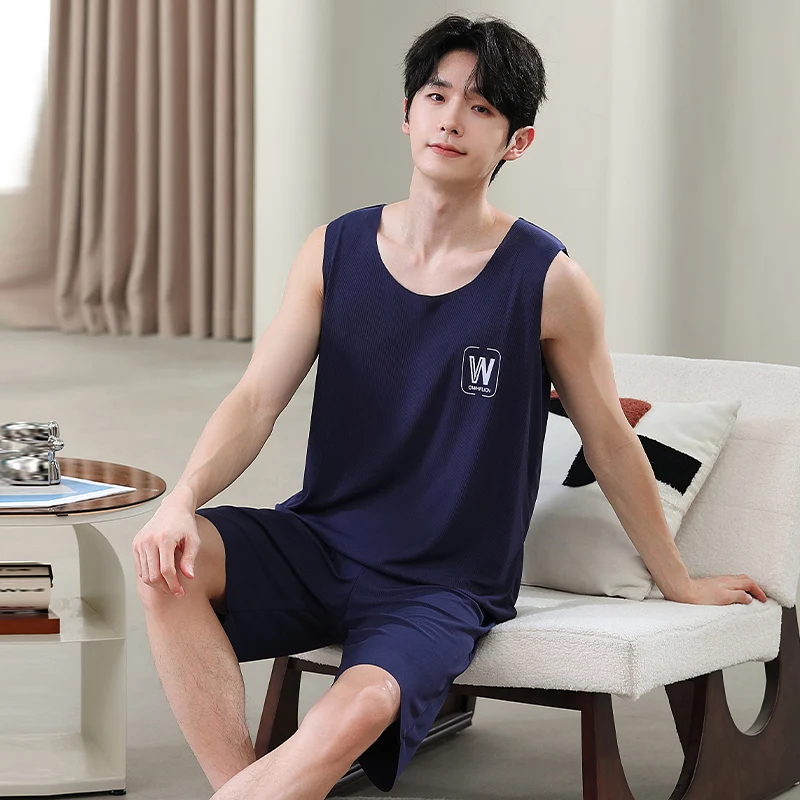 Ice silk tank top set - y1900 navy blue