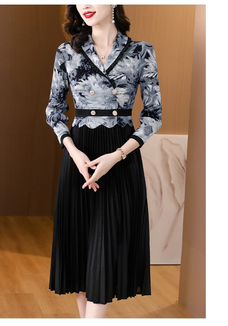 AIMEILI Pleated Dress Women\'s Spring New Fashion Printed Lapel Long-sleeved Single-breasted Belted Cardigan Long Dress