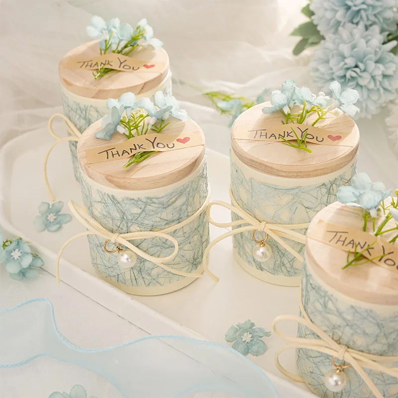 

10Pcs Hydrangea Wooden Cover Gift Boxes Cylindrical Paper Box Wedding Candy Packaging Baby Shower Favor Party Supplie