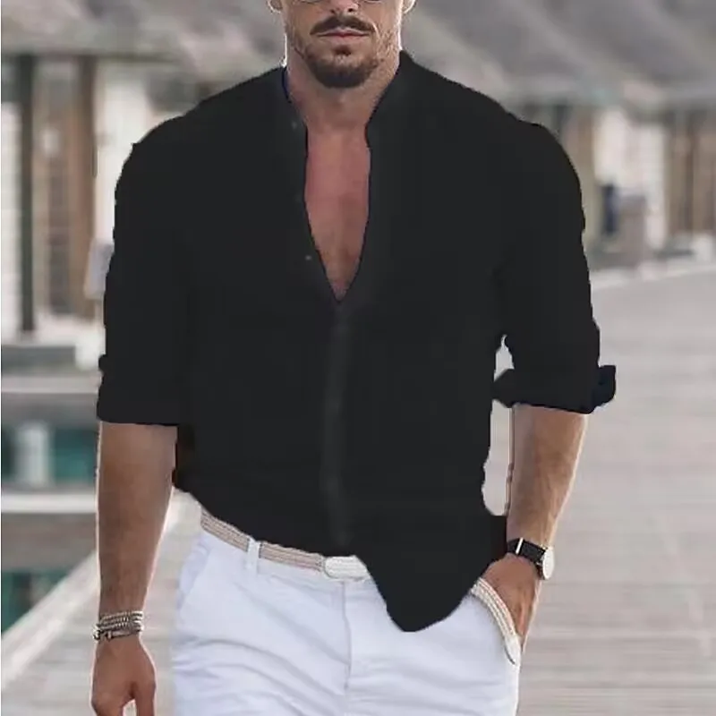 Blouse men 2026 casual new summer button long-sleeved solid colors v neck holiday beach shirts men's clothing