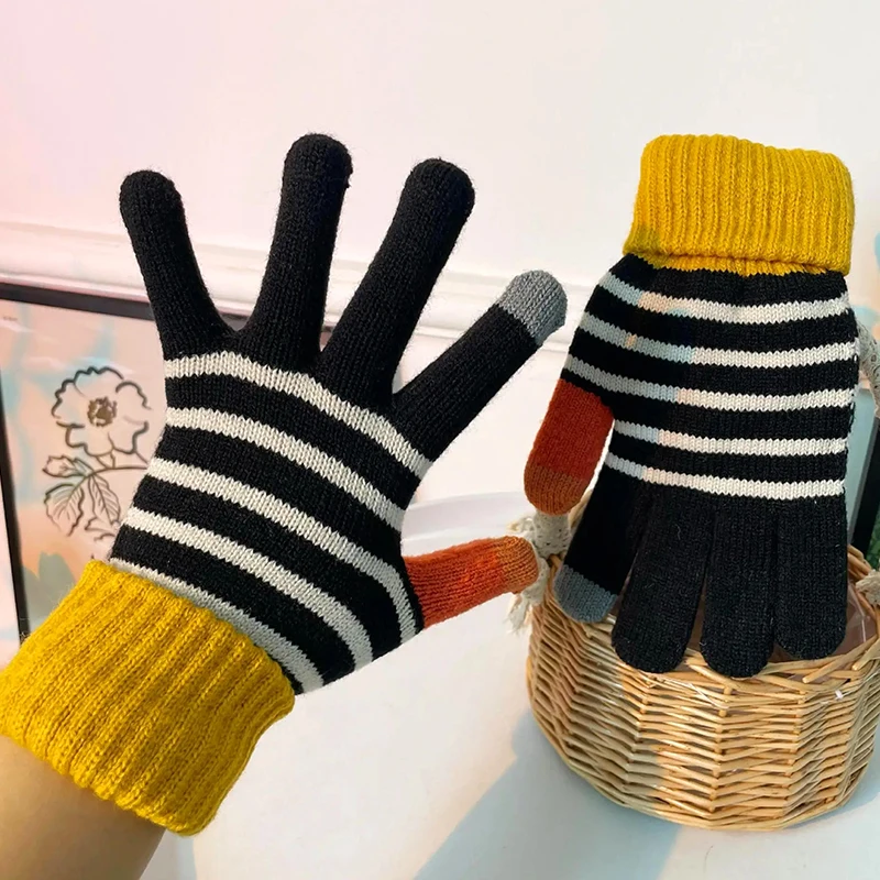 

Winter Checkerboard Pattern Full Finger Gloves Stripe Color Block Split Finger Mittens Skin-friendly Thick Warm Supplies