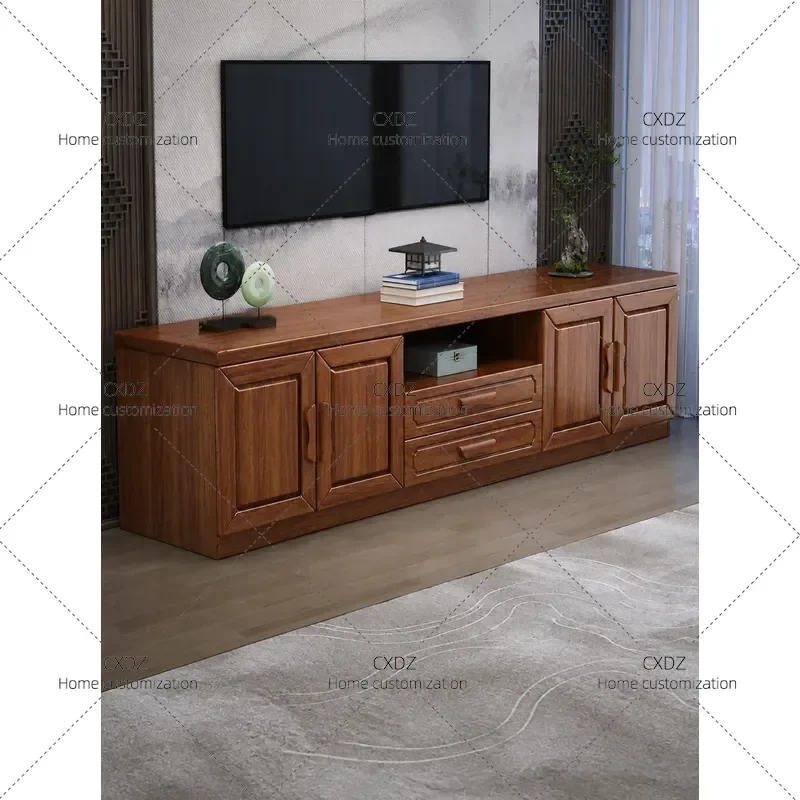 Walnut Solid Wood TV Cabinet and Coffee Table Combo for Living Room Rural Home Small Apartment Floor Storage Locker