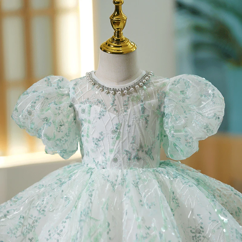 2023 Elegant Wedding Kids Formal Occasion Dress Mint Green for Little Girls Party Pageant Short Evening Gowns Luxury Eid Dresses