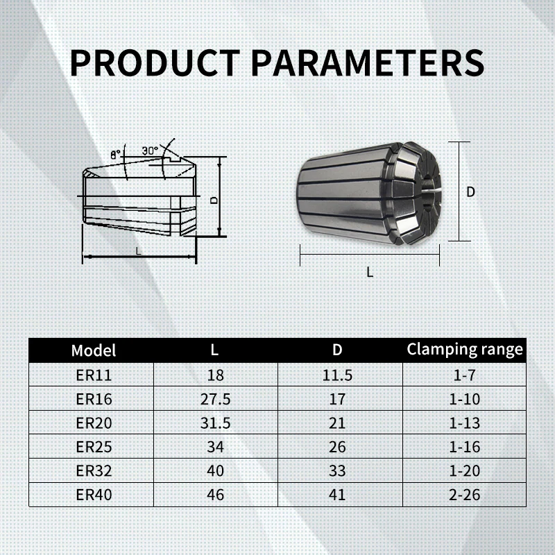 1Set ER11ER16 ER20 ER25 ER Collets High Accuracy  0.008/0.005mm For Carving Boring Tapping  Milling  and Other Processing