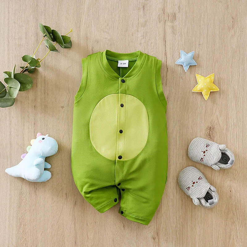 Summer 0-18Months Boys and Girls Baby Newborn Sleeveless Romper Green Dinosaur Horn Design baby clothes Lightweight & Adorable