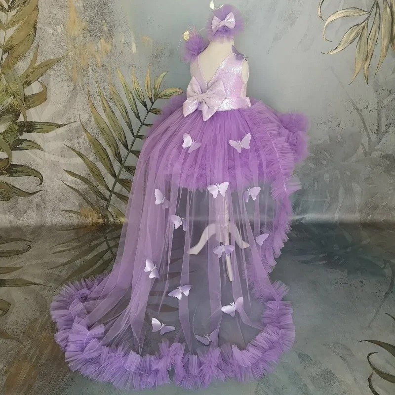 

Purple Flower Girl Dresses Children Butterfly Tulle Birthday Party Dress Sequin Bow Baby Kids Holy First Communion Prom Gown