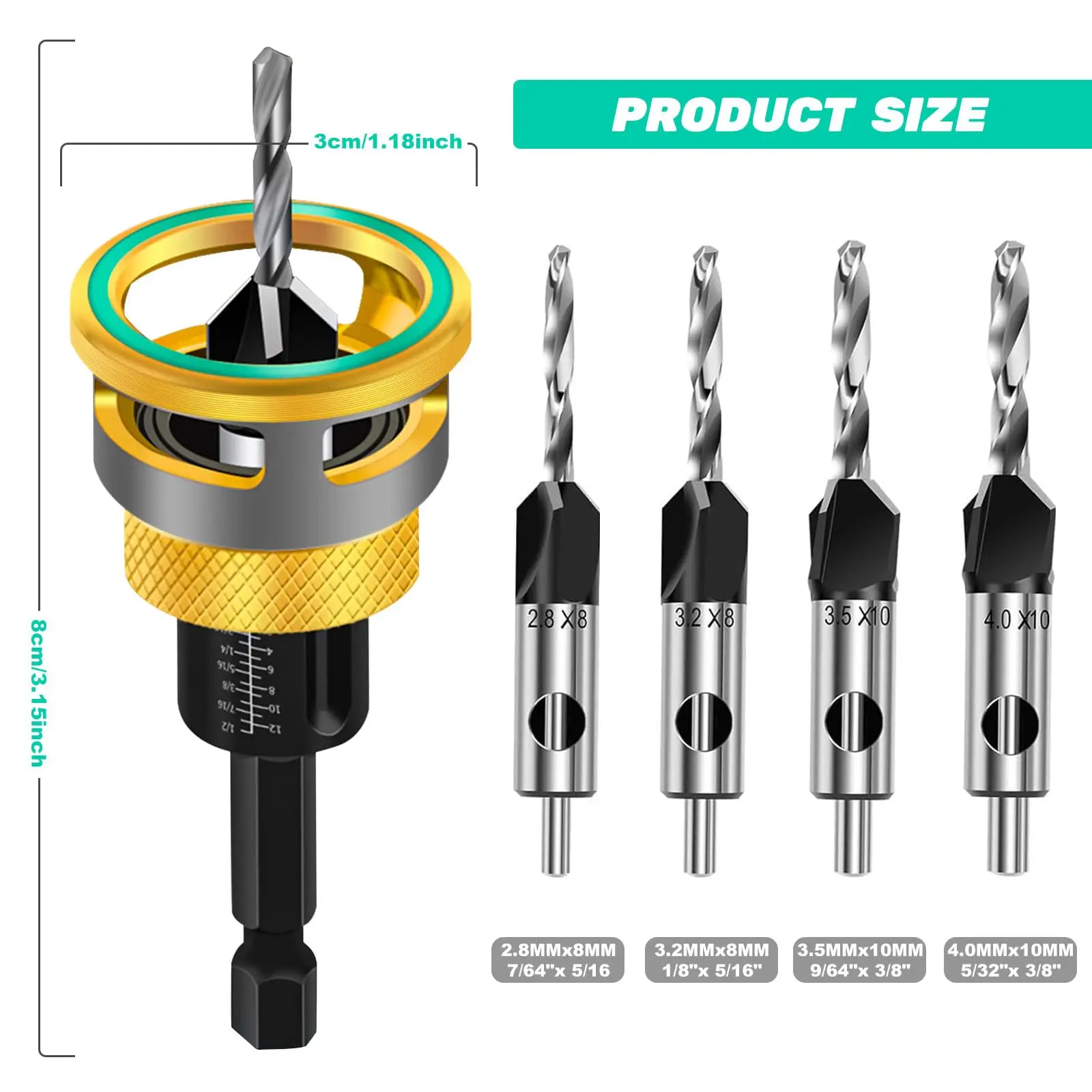 4 Flute Countersink Drill M2 high-speed steel tapered guide drills 2.8mm 3.2mm 3.5mm 4.0mm with Adjustable Depth Stop for Wood