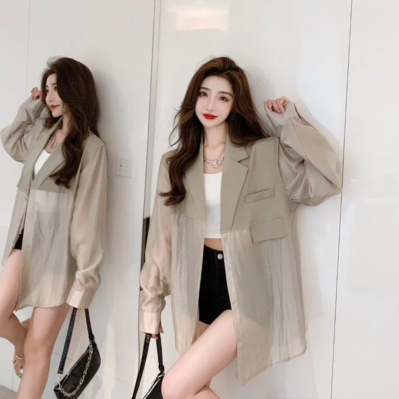 Summer Temperament Turn Down Collar Long Sleeve Suit Coats Y2k Aesthetic Spliced Thin See-throught Women Casual Lazy Tops