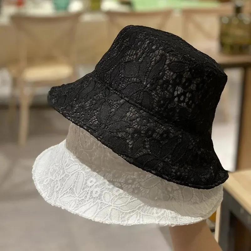 Summer Lace Bucket Hat Women Beach Sun Hats Seaside Vintage Elegant Caps Breathable Fisherman Cap