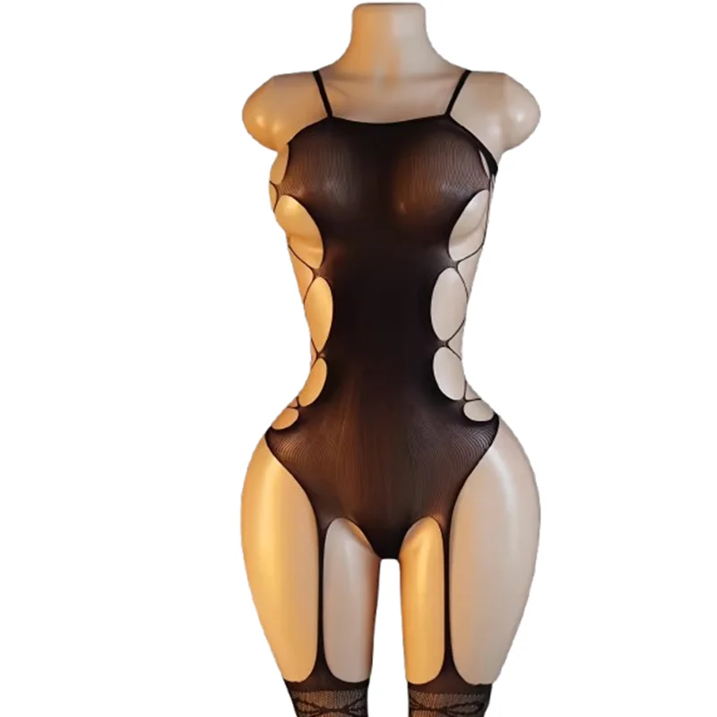 1-Piece Sheer Mesh Lingerie Bodysuit — Crotchless Tights Style, Sexy Cut-Out Bodysuit, Suitable for Themed Parties