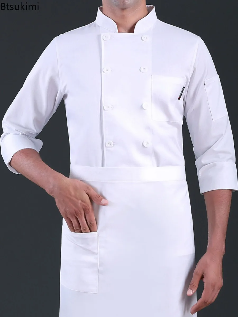 New Pure White Chef Costume Cook Jacket High End Male Chef's Shirt Long Sleeve Restaurant Uniform Barber Shop Workwear Overalls