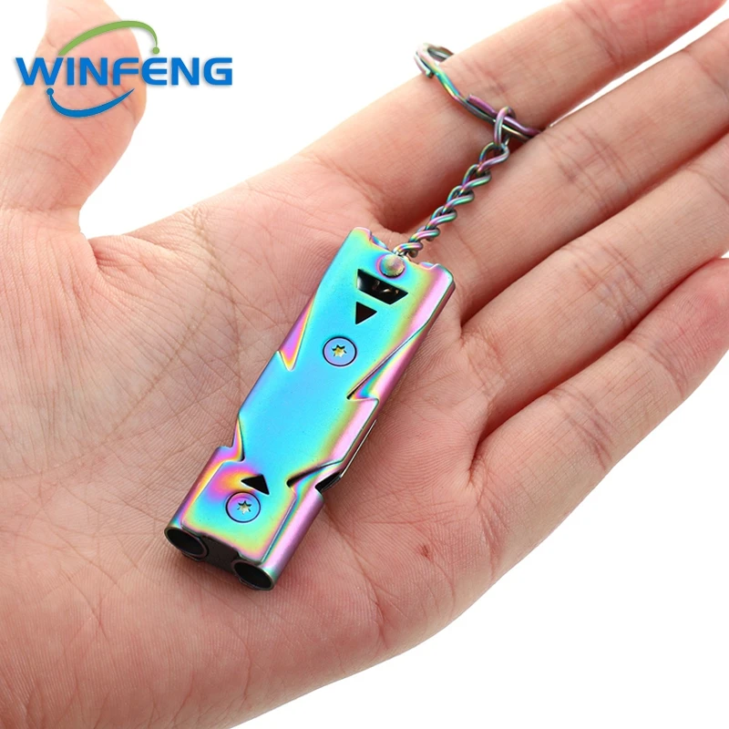 High Decibel Stainless Steel Whistle Portable Double Pipe Emergency Whistle Pendant Keychain Outdoor Camping Survival Supplies