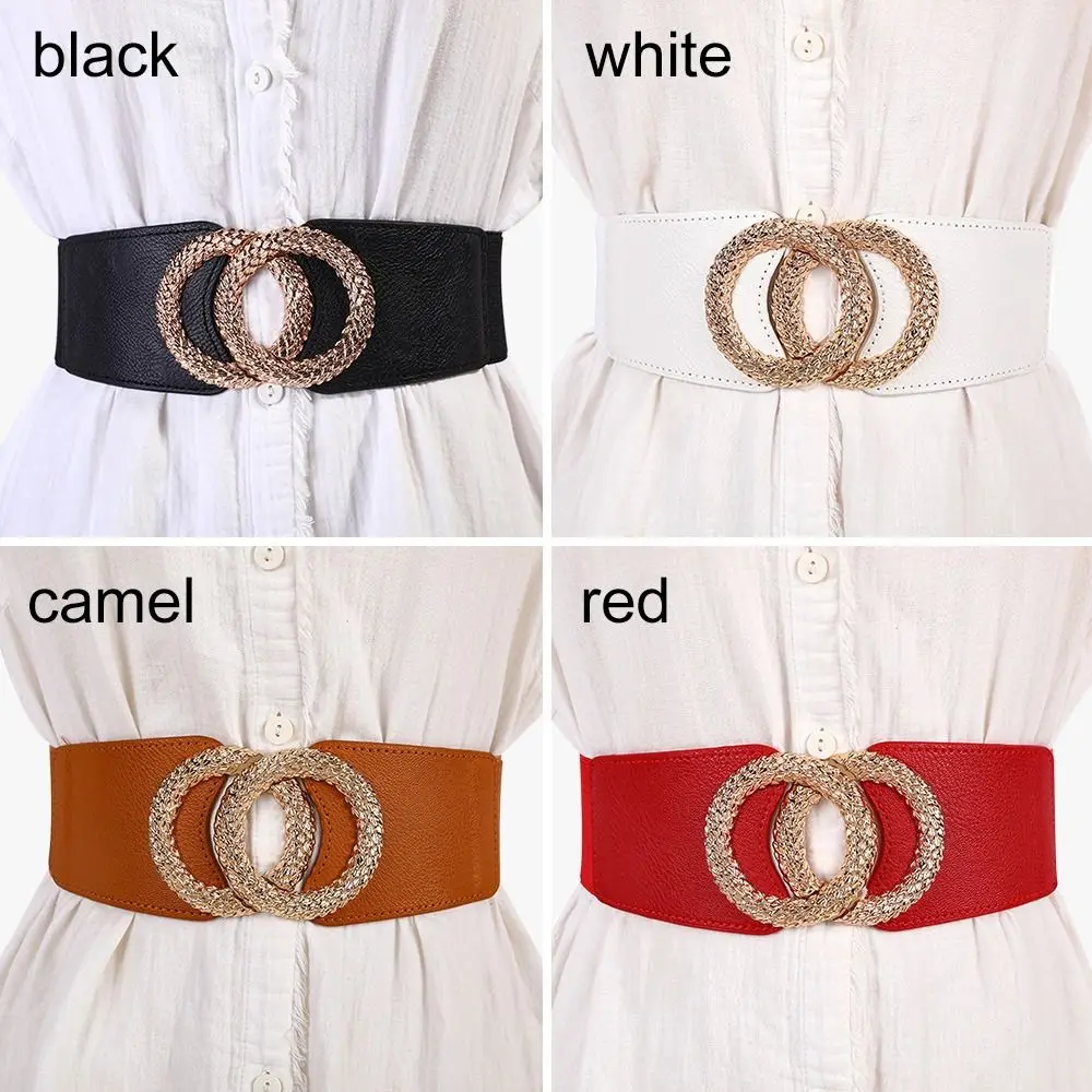 Fashion Ladies Wide Belts Decorated Elastic Leather Waistband Gold Buckle Dress Sweater Waist Belt for Woman