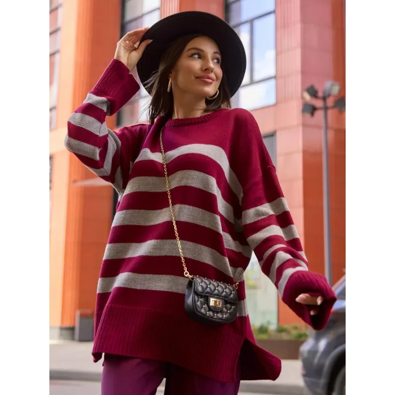 Women'sKnitted Sweater 2025Spring and Autumn New Style Casual Striped Loose Round Neck Hooded Sweater Coat European and American