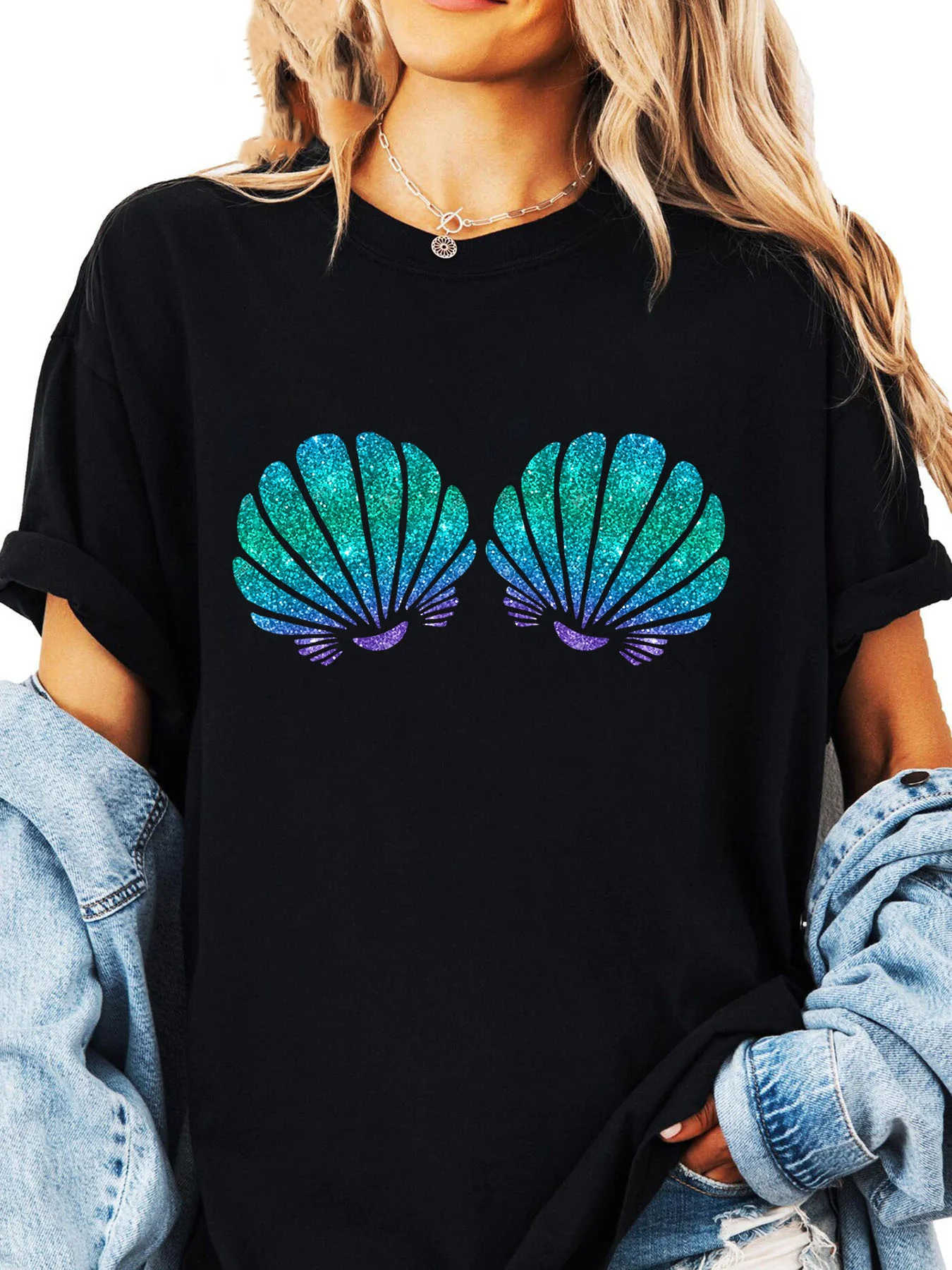 Mermaid Shell Bra Printed T-Shirt Sleeve Round-Neck Casual Top Suitable for Summer and Spring Women'S Clothing Aesthetic Clothes