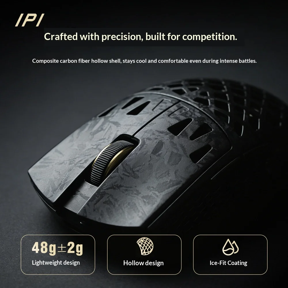IPI FLY Premium Carbon Fiber Esports Mouse Tri-Mode Wireless Hollow Ultra-Light PAW3950 Dual 8K Ergonomic Gaming Mouse for PC