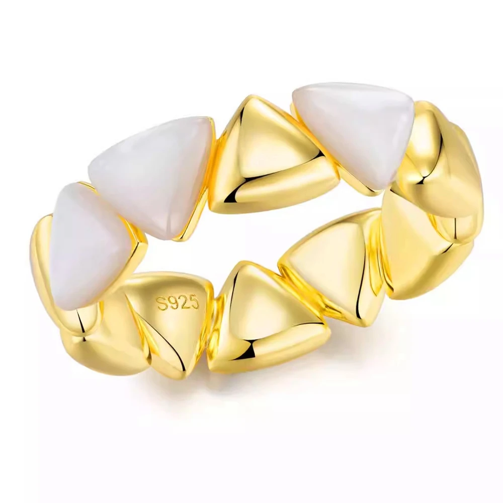 

KQDANCE Vinatge 925 Silver Zircon Carobon Diamond Triangle Shaped Mother of Pearl Ring Gold Plated Retro Ring Fine Jewelry Women