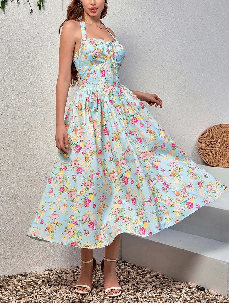 NewAsia Damen Neckholder, rückenfrei, bedruckt, Blumenmuster, Midi-Korsettkleid, Spaghettiträger, zum Binden, modisch, lässig, Urlaub, lange Kleider, Rosa – Detail 23