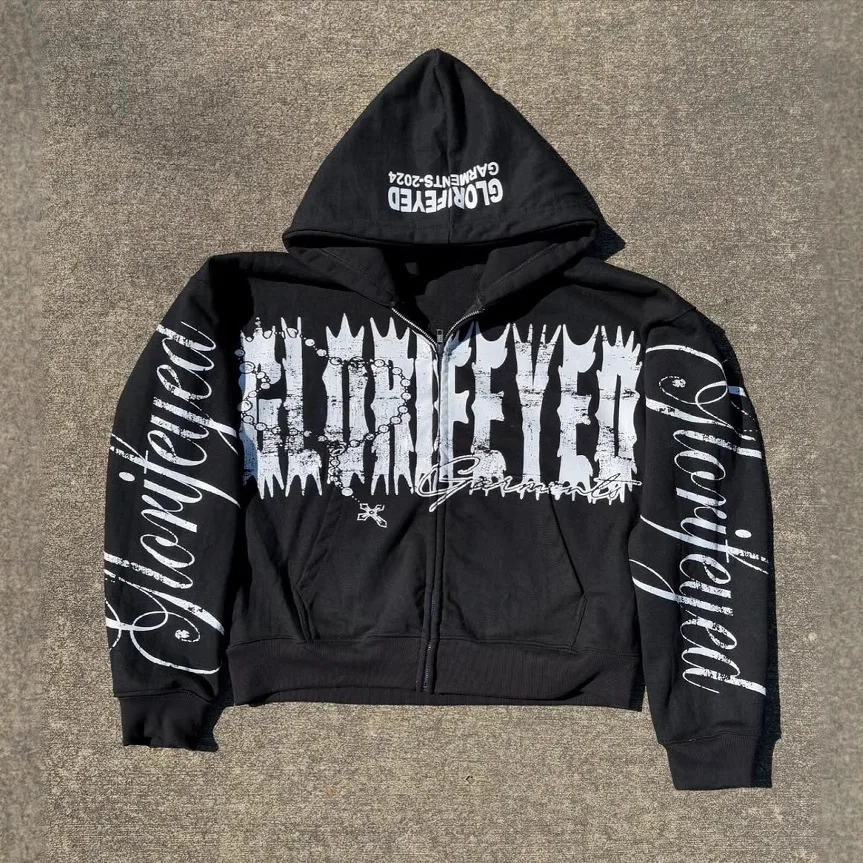 Gothic Brief Eisen Kette Gedruckt Hoodie Frauen Herbst Winter Lange Ärmeln Vintage Sweatshirt Y2K Hip Hop Dunkel Straße Frauen Mantel