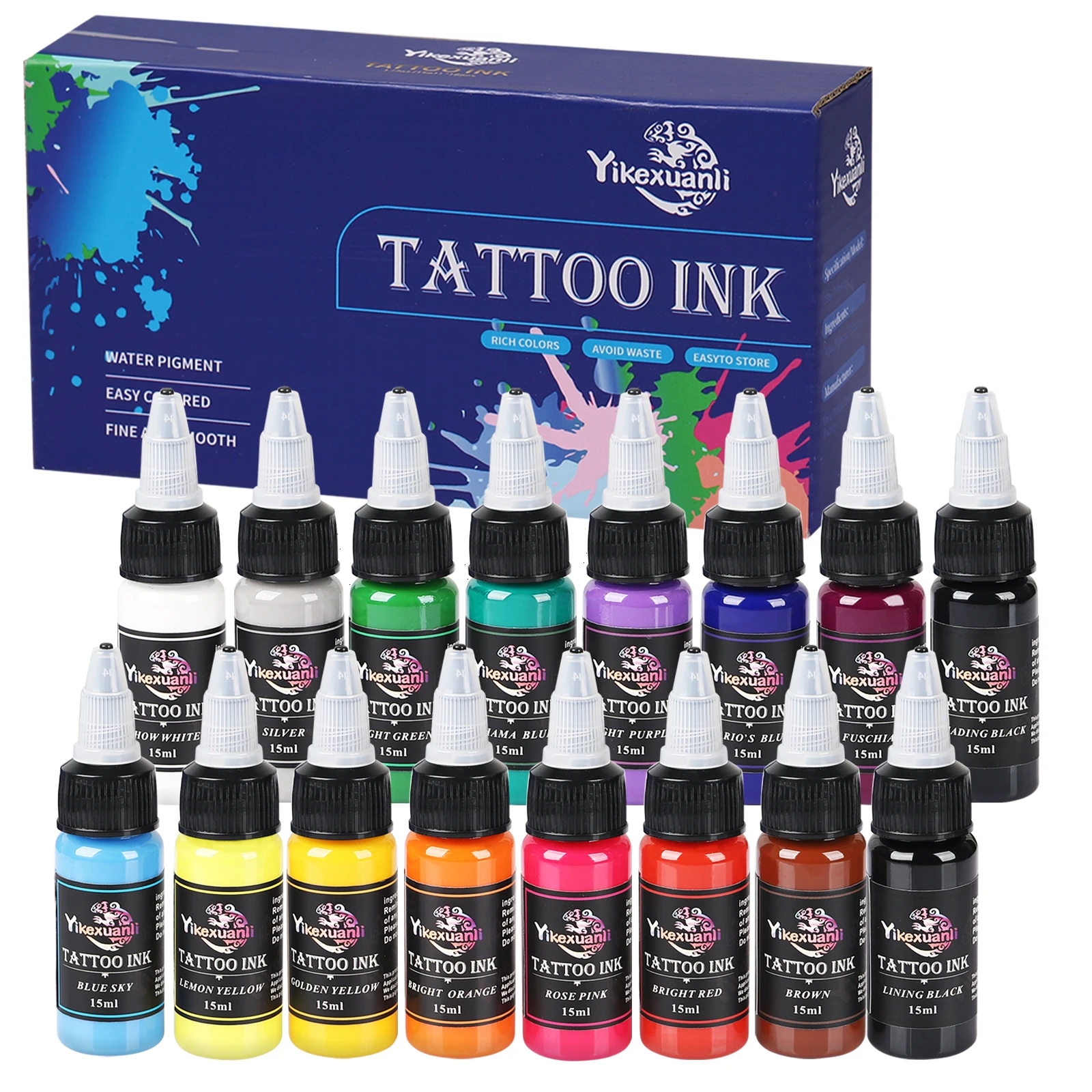 16colors (15ml)Tattoo Ink Pigment With Box Body Art Tattoo Kits Beauty Paints Makeup Tattoo Supplies Semi-permanent gift