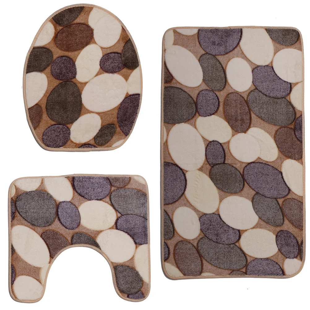 

3Pcs Toilet Cover Set Cobblestone Design Non-Slip Bathroom Mat for Toilet Floor and Lid High Absorption Coral Fleece Easy Clean