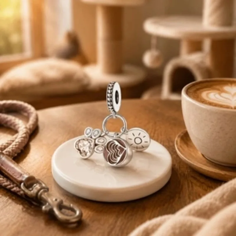 New S925 Sterling Silver Dog Claw Coffee Pendant Beads Original Bracelets DIY Charms Festival Luxury Jewelry for Womens Beadeds Gift