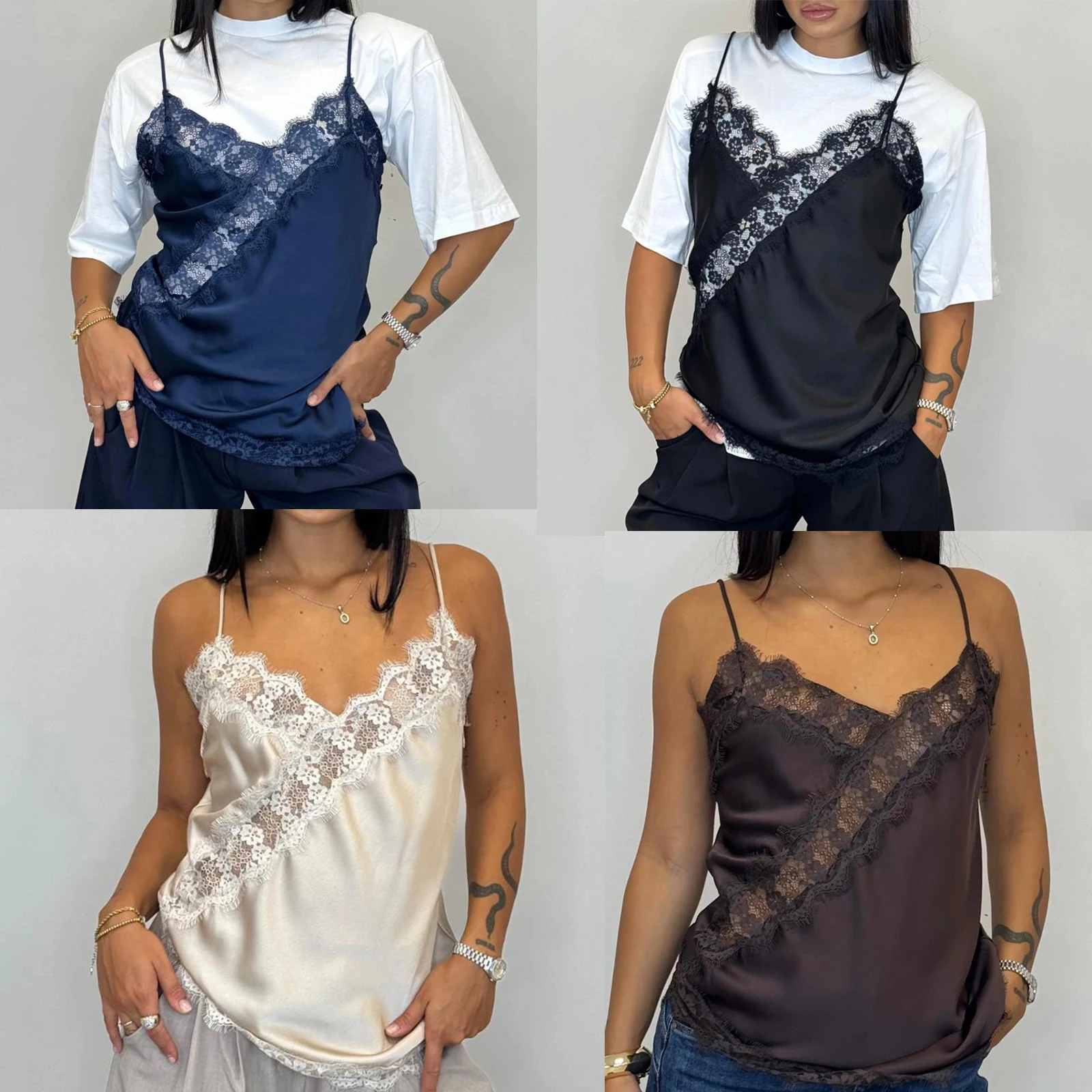 قميص قصير نسائي من الدانتيل بدون أكمام مزين بالدانتيل الأسود فوق قميص أبيض صيفي بدون أكمام للحفلات #4