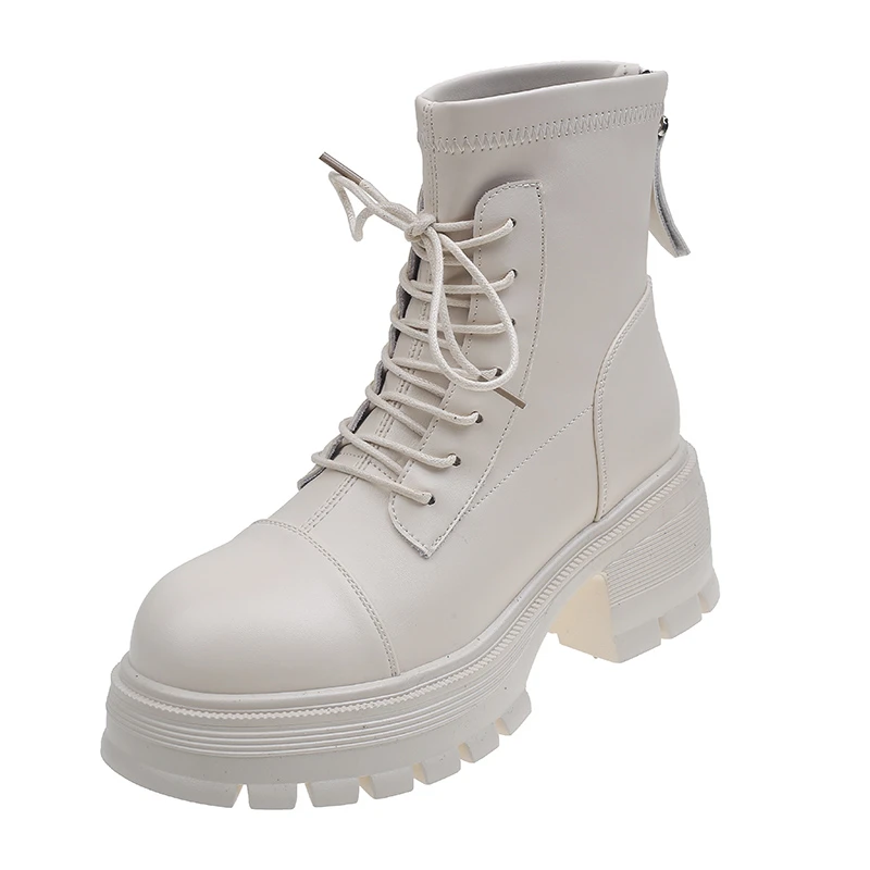 2023 New Ladies Shoes Basic PU Women's Boots Modern Ankle Boots Women Sewing Lace Up Round Toe Side Zip Chunky Heel Shoes Women