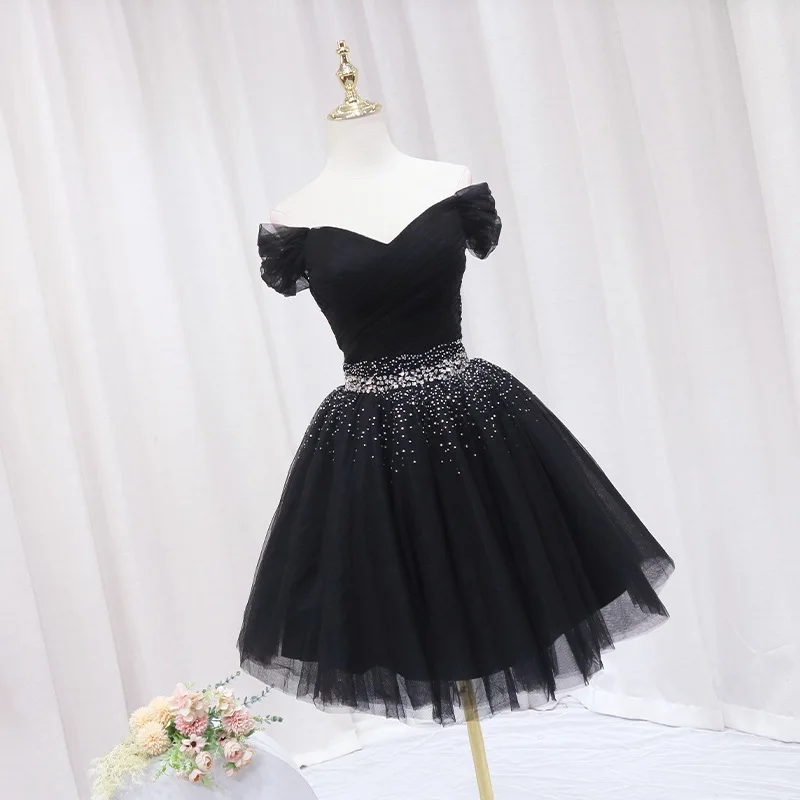 Black Short Evening Dresses Elegant Off The Shoulder Sequin Tulle Ball Gown Dress Lace Up Simple Vestido De Noche Customized