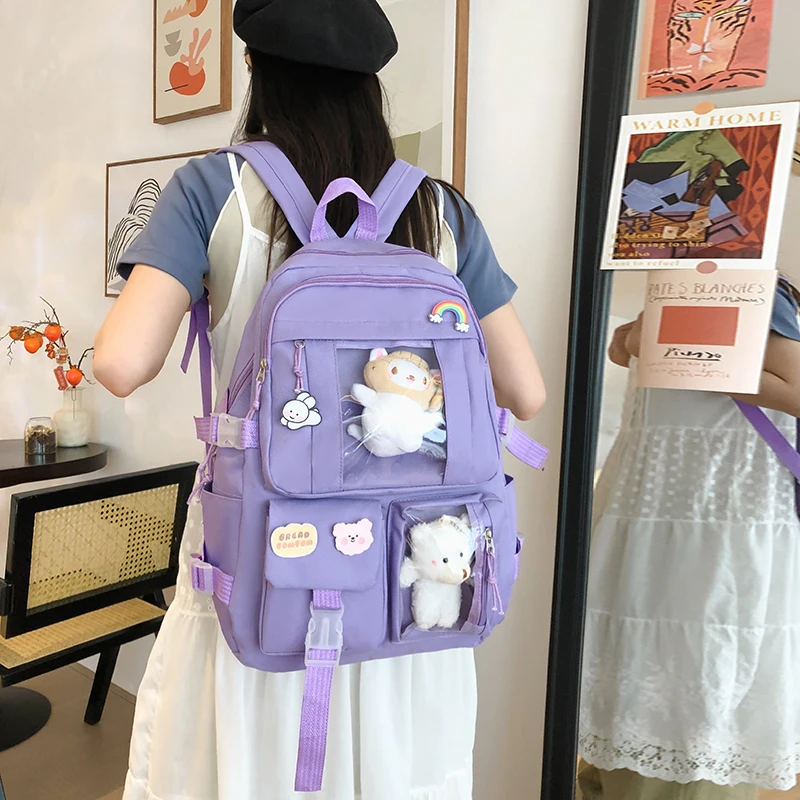 

Girl Aesthestic Backpack Young School Bags with Transparent Pockets Simple Women Schoolbag Kawaii Book Bag Bakc to School Gift