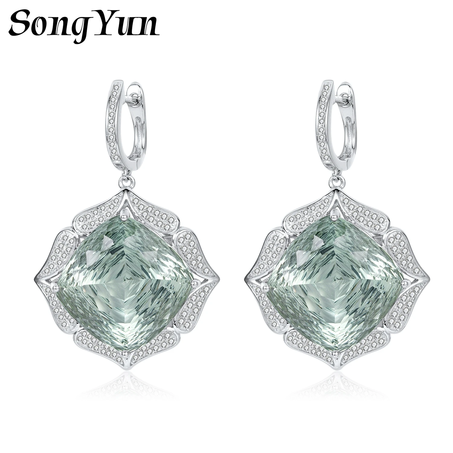 SONGYUN Natural Gemstones Jewelry European American Natural Crystal Earrings, S925 Silver Inlaid Large Green Quartz Earrings