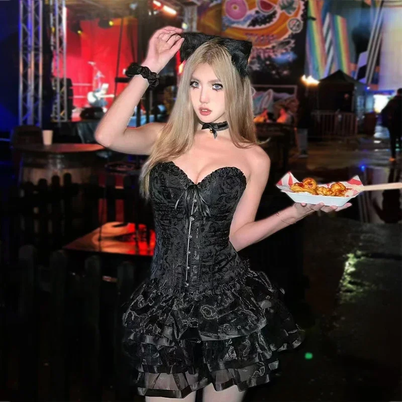 

Jupe Bouffante Sexy Kitty Cosplay pour Femme, Corset, Oreille, Costumes d'Halloween, Mariée Gothique, Princesse Sombre, ixVintag
