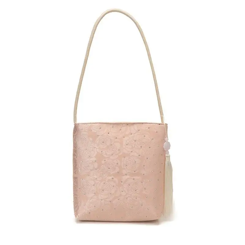 Elegant White Beige Black Satin Shoulder Bag Rose Embossed Rhinestone Tassel For Daily Shopping Date