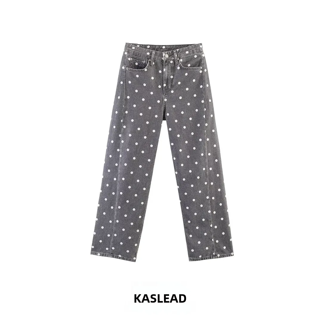 

KASLEAD Fashionable Polka Dot Loose Mid-Waist Nine-Piece Denim Jeans Women's Casual Straight Leg Pants Summer 2026 Season