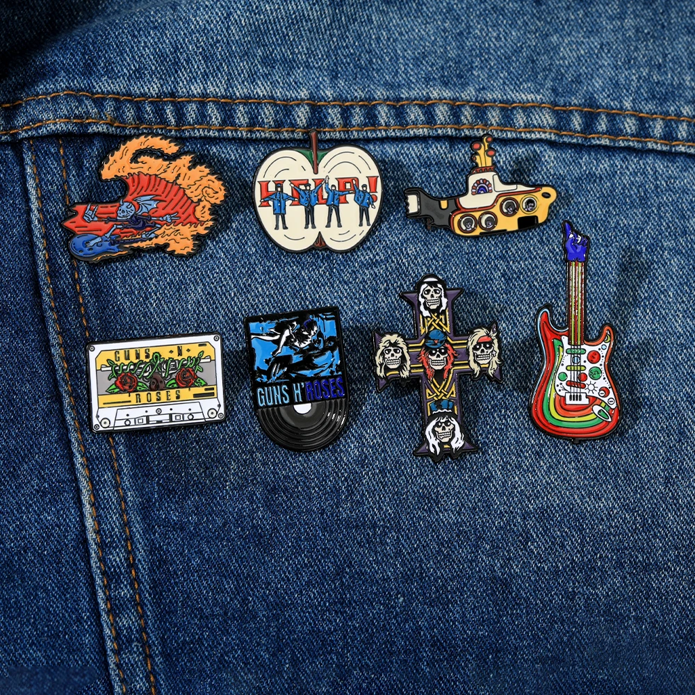 7Styles Hip Hop Gun Roses Theme Enamel Brooches Skull Cross Guitar Tape Shaped Music Pins