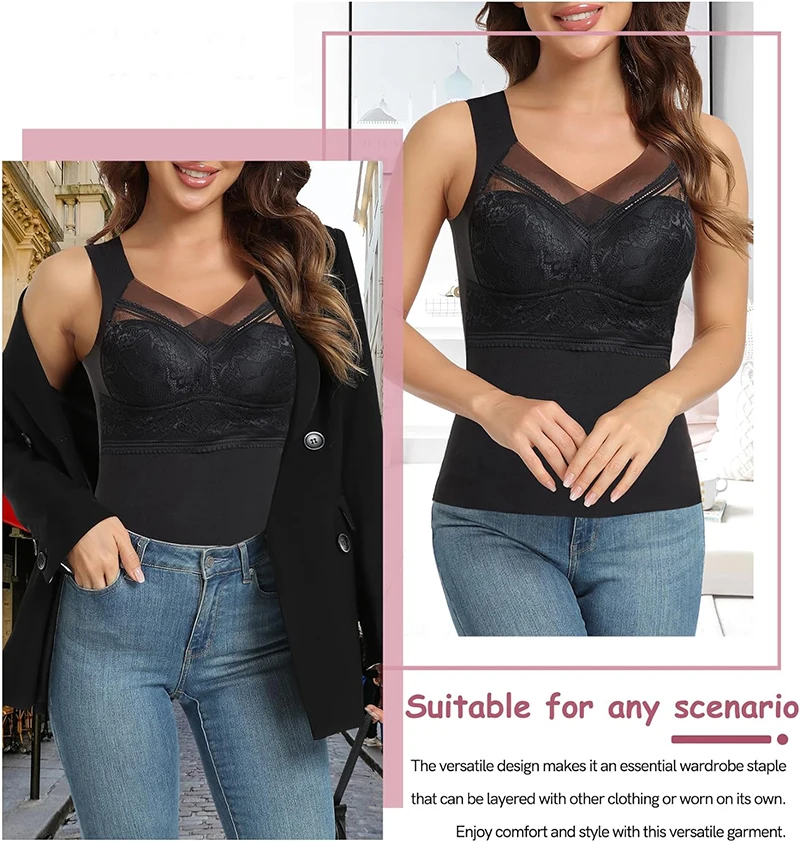 Thermal Tank Top for Women Cold Weather Warm Underwear Vest with buit-in Bra Lace Camisole Undershirt Tops Soft Under Clothes