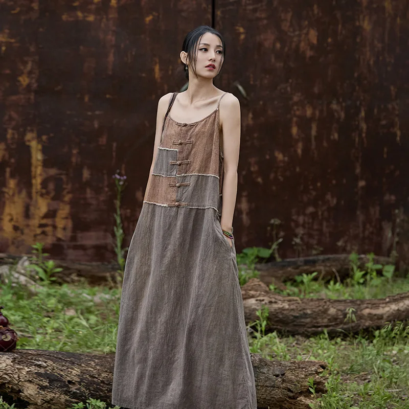 

Autumn Linen-Ramie Blend Tie-Dye Long Dress: Original Designer Flowy Halter